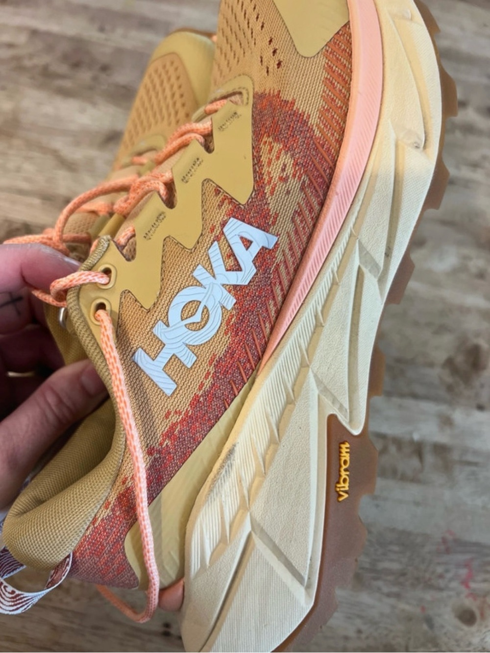 Hoka Women's Trail Runner in Yellow with Peach Accents- Vibram - Picture 8 of 11